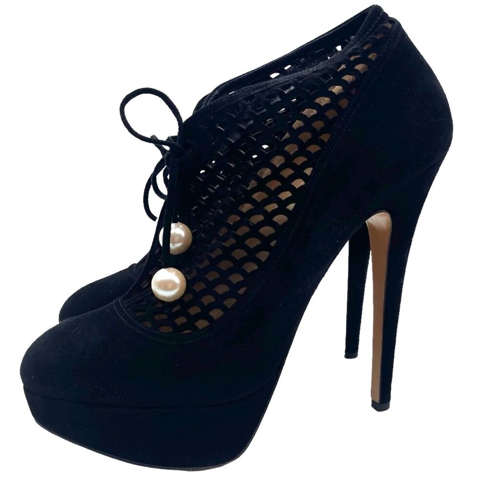 Charlotte Olympia Minerva Laser Cut Suede Platform Heels 40 Dark Academia Goth - Picture 1 of 10